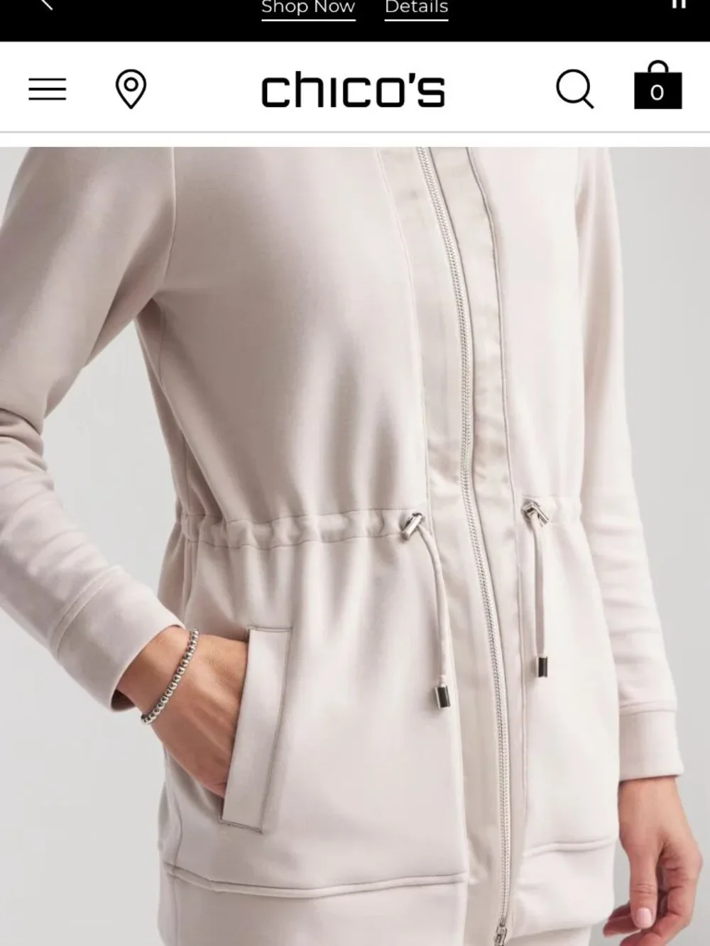 nwt CHICO'S zenergy cinch waist long sweatshirt top 0 small smokey taupe